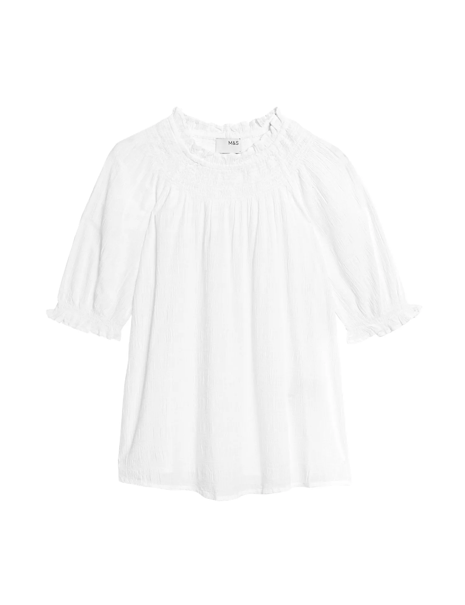 Cotton Blend Crew Neck Smocked Blouse