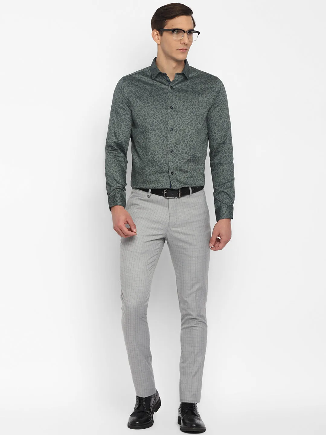 Cotton Dark Green Slim Fit Printed Shirt