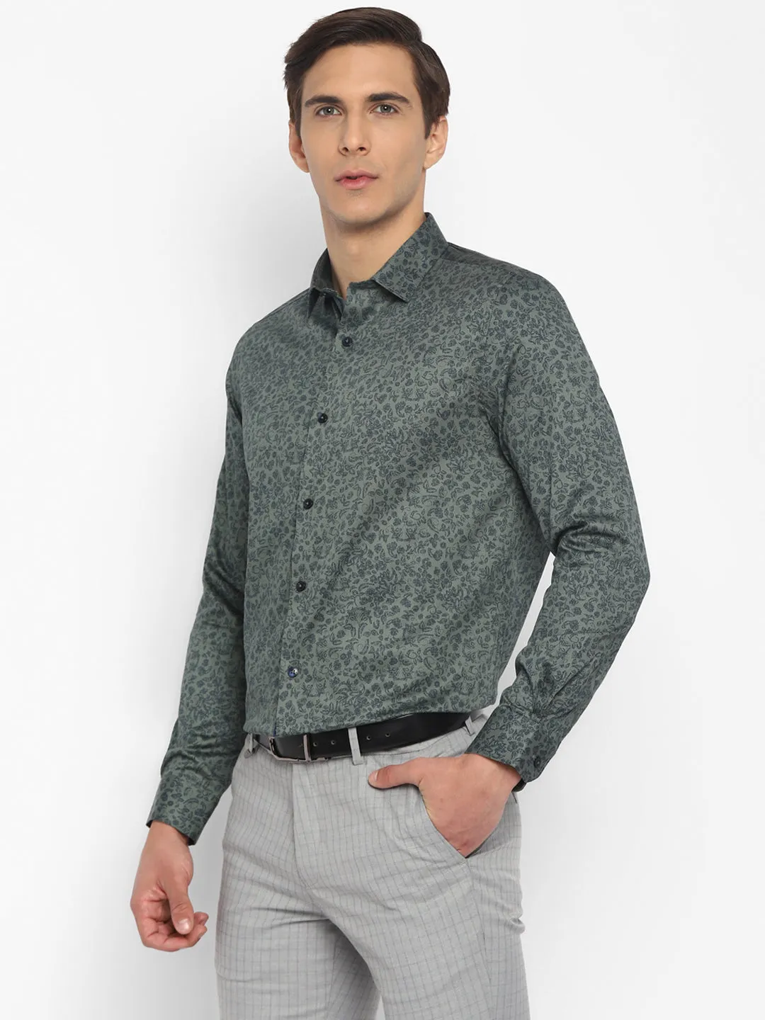 Cotton Dark Green Slim Fit Printed Shirt