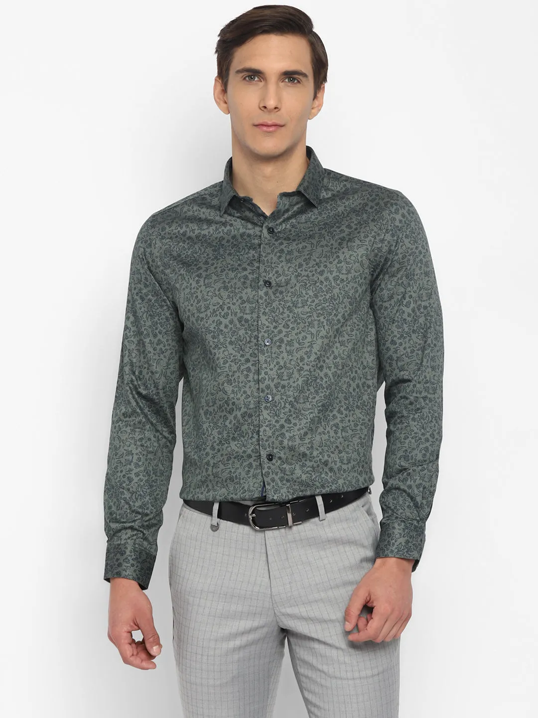 Cotton Dark Green Slim Fit Printed Shirt