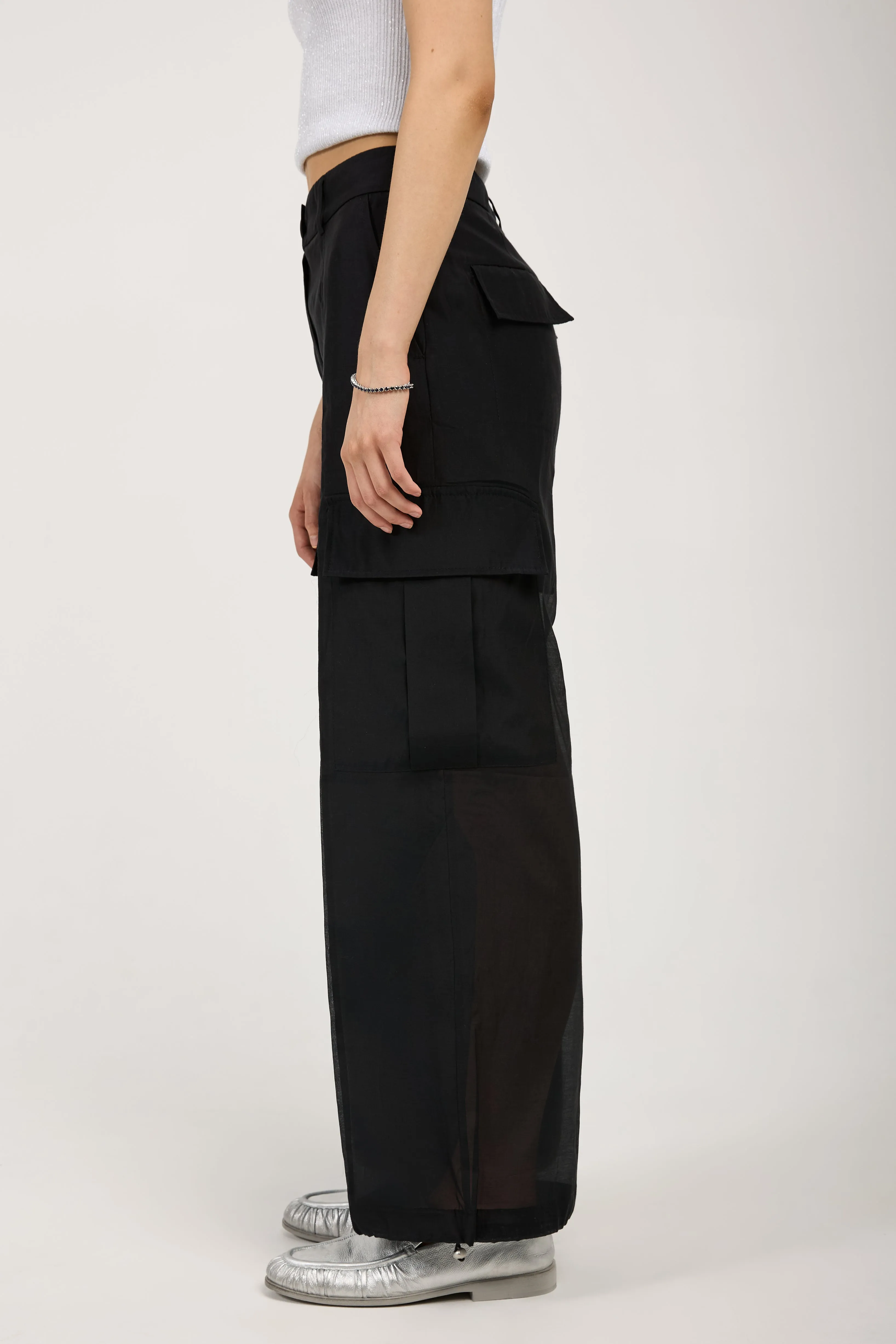 Cotton Silk Organza Cargo Pant in Black