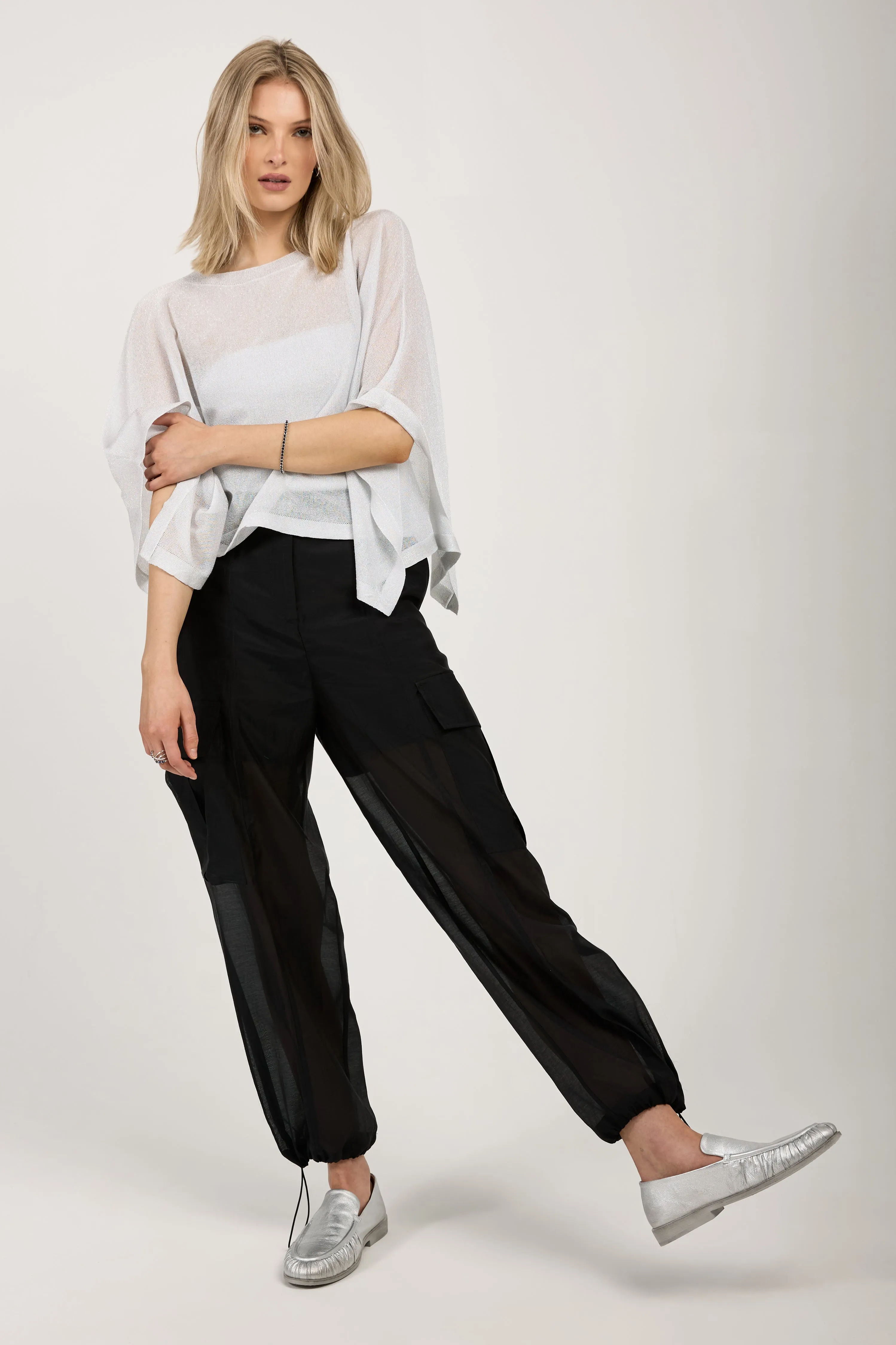 Cotton Silk Organza Cargo Pant in Black