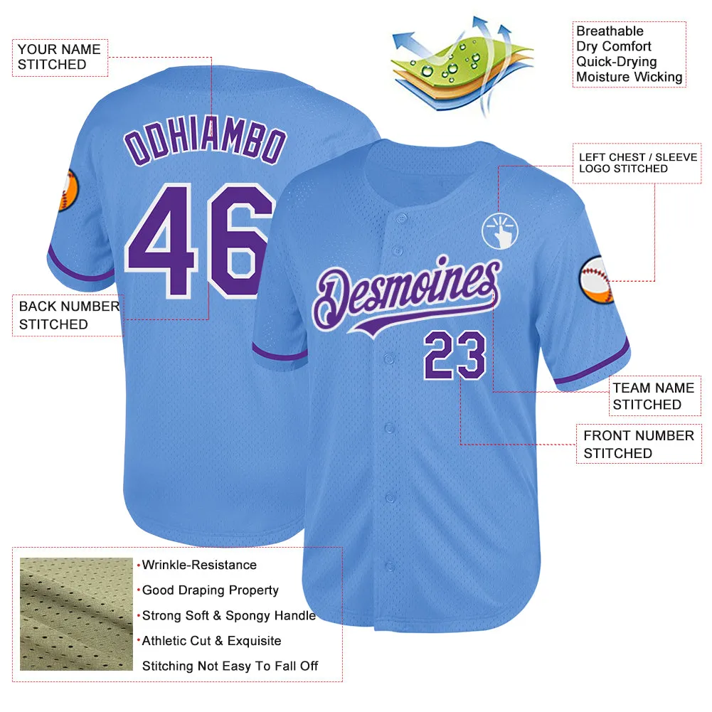 Custom Light Blue Purple-White Mesh Authentic Throwback Baseball Jersey