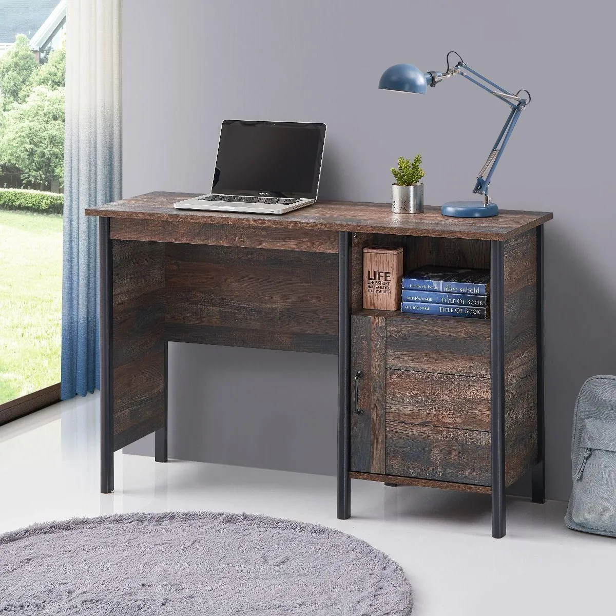 Dante Series Dark Oak 1 Door 2 Shelf Desk | Perfect for Home Office or Study | Rustic and Stylish Addition to Your Workspace | Self-Assembly Required | H76cm W120cm D40cm