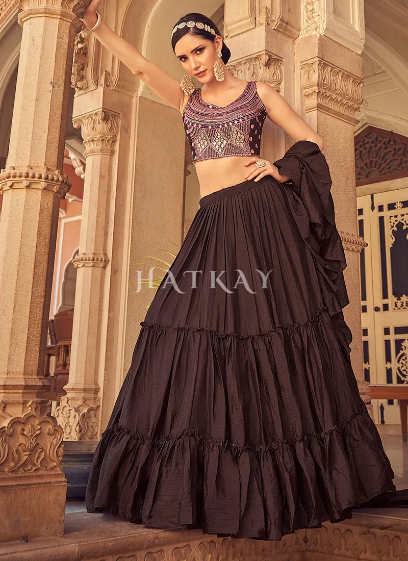 Dark Brown Mirror Work Embroidered Festive Lehenga Choli