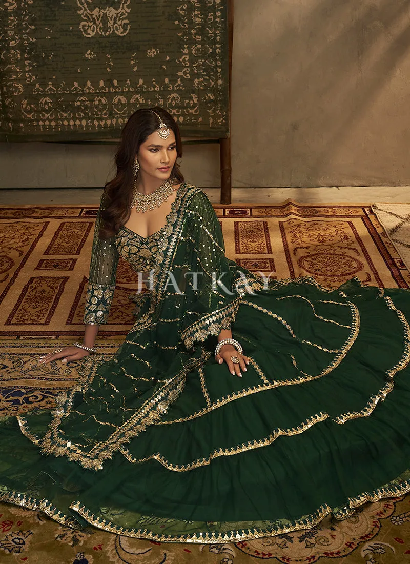 Dark Green Sequence Embroidery Traditional Net Lehenga Choli