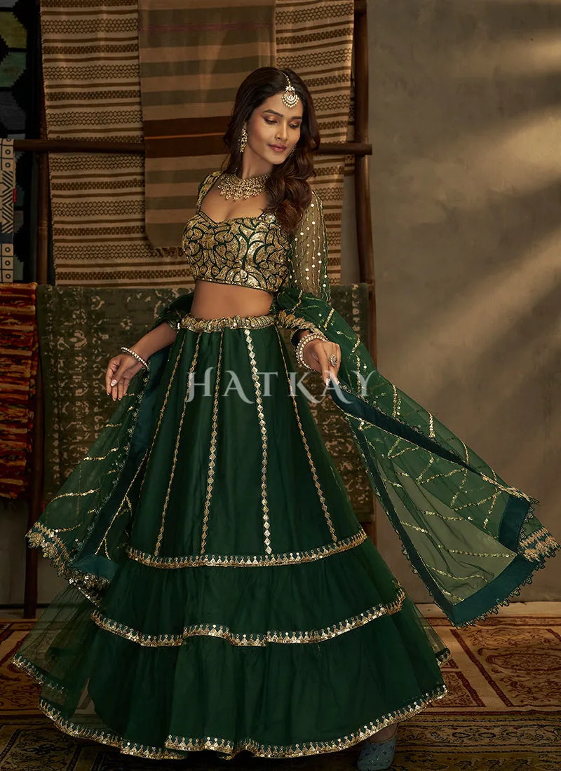 Dark Green Sequence Embroidery Traditional Net Lehenga Choli