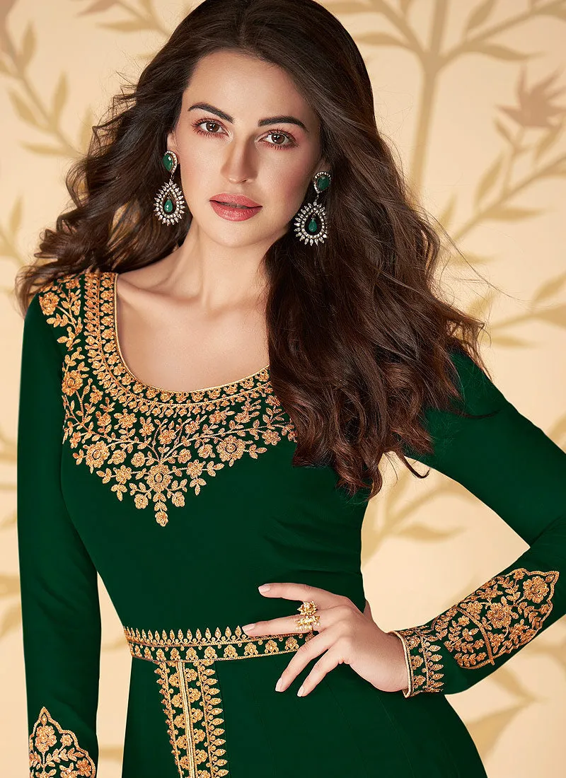 Dark Green Slit Style Zari Embroidered Anarkali Pants Suit