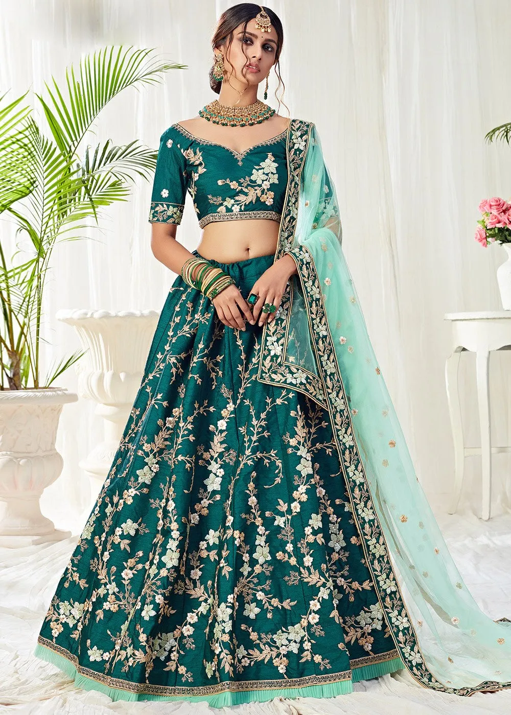 Deep Green Floral Embroidered Designer Lehenga Choli