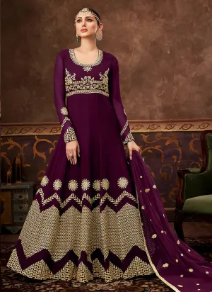 Deep Purple Embroidered Georgette Anarkali Pant Suit