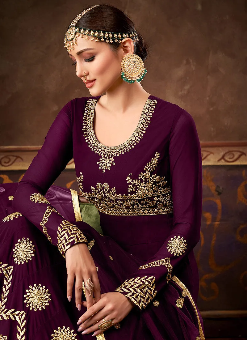 Deep Purple Embroidered Georgette Anarkali Pant Suit