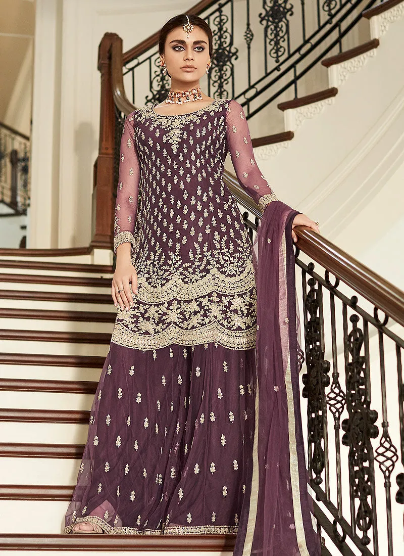 Deep Purple Golden Embroidered Designer Gharara Suit