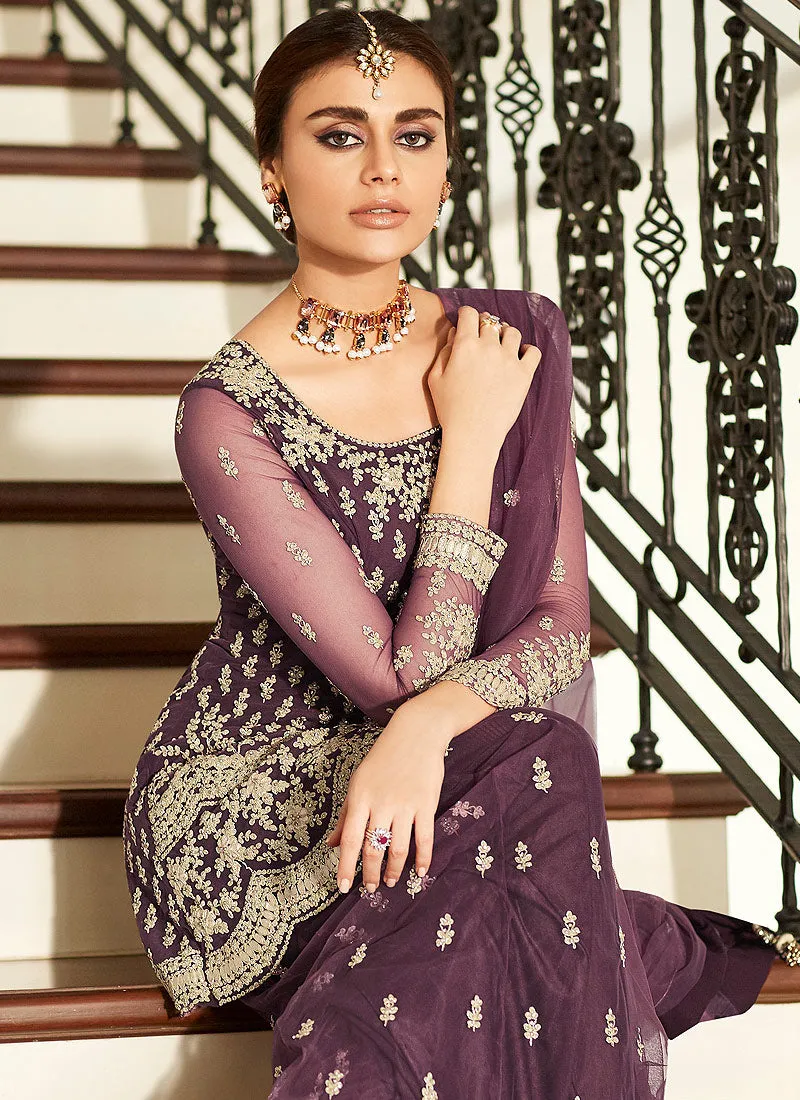 Deep Purple Golden Embroidered Designer Gharara Suit