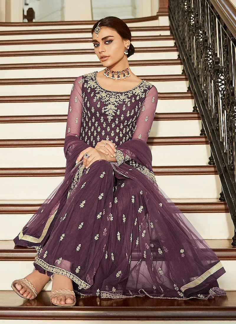 Deep Purple Golden Embroidered Designer Gharara Suit