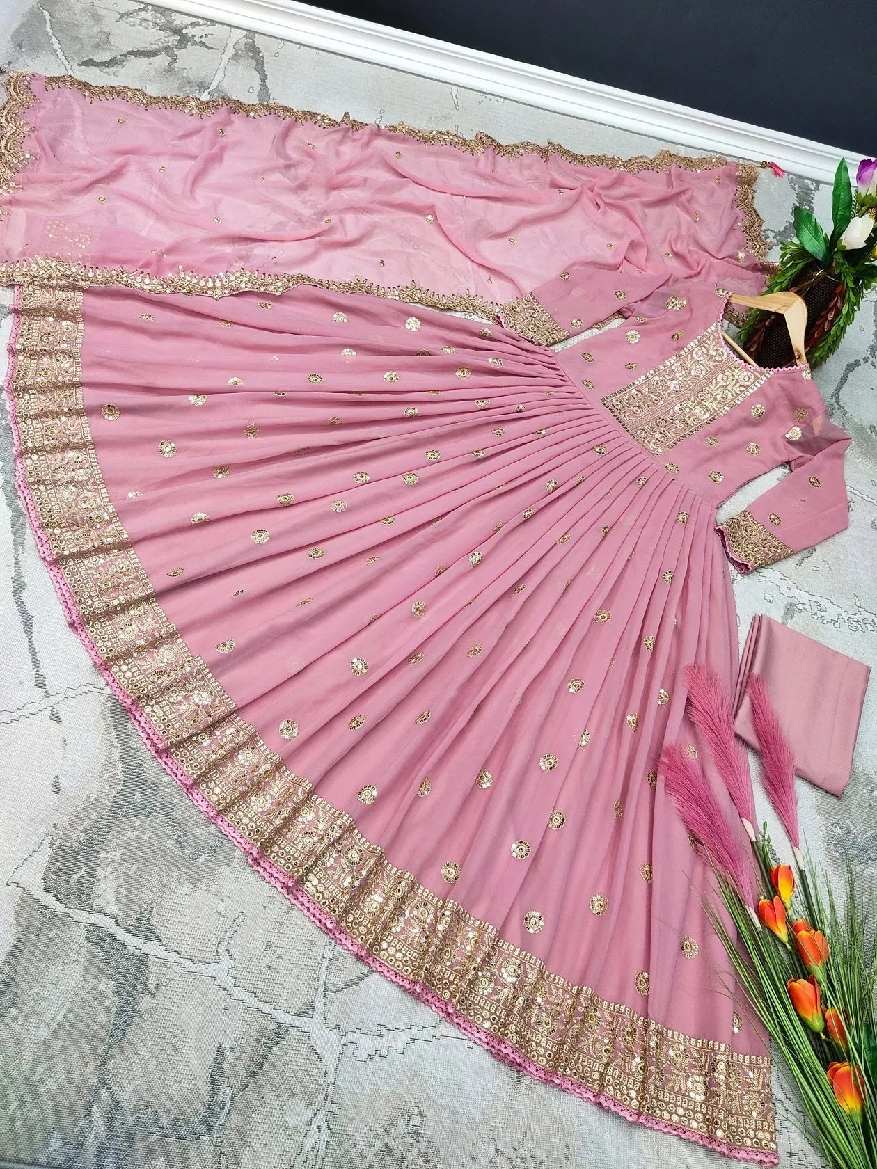 Designer Light Pink Embroidery Work Gown