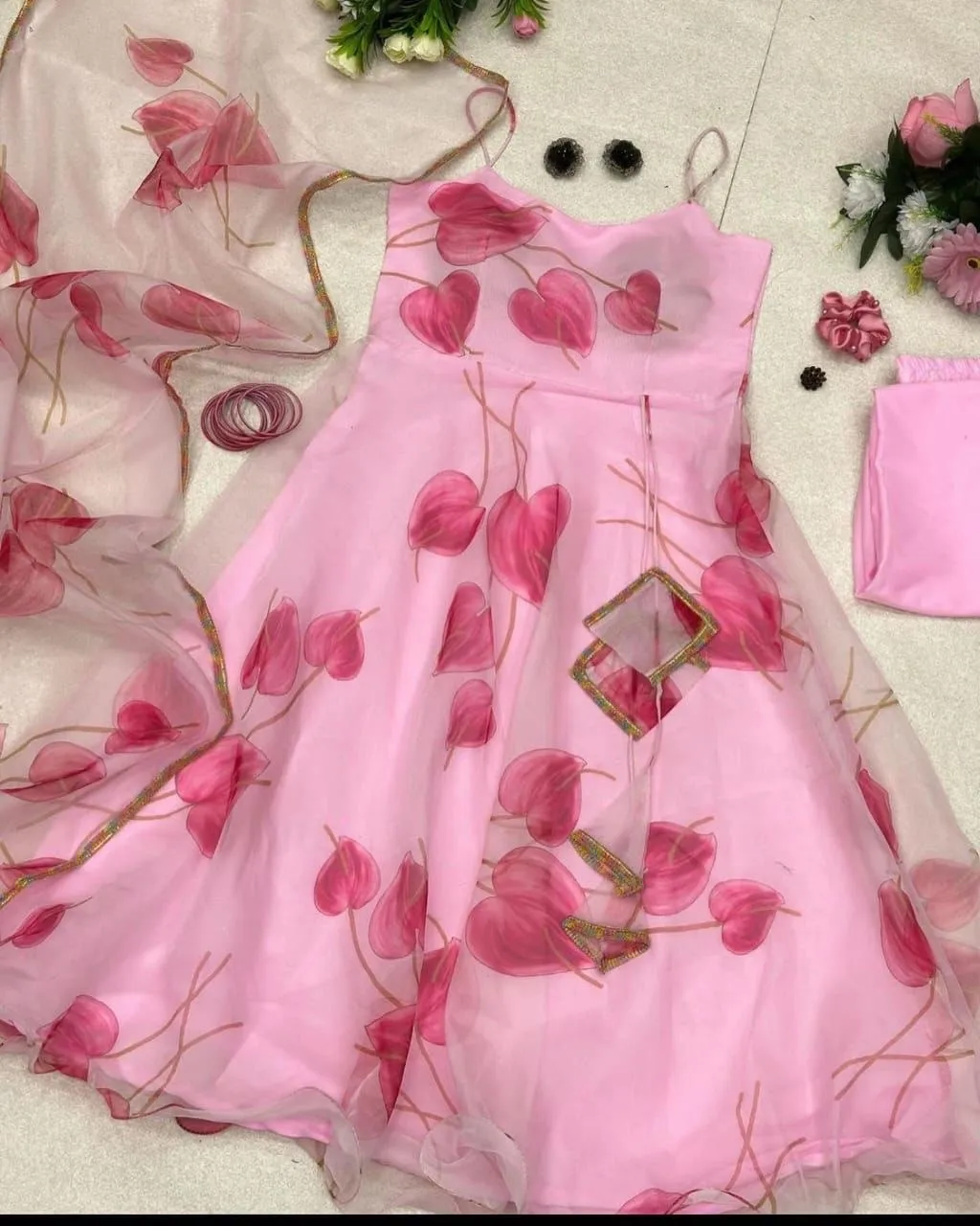 Digital Printed Pink Color Organza Anarkali Gown