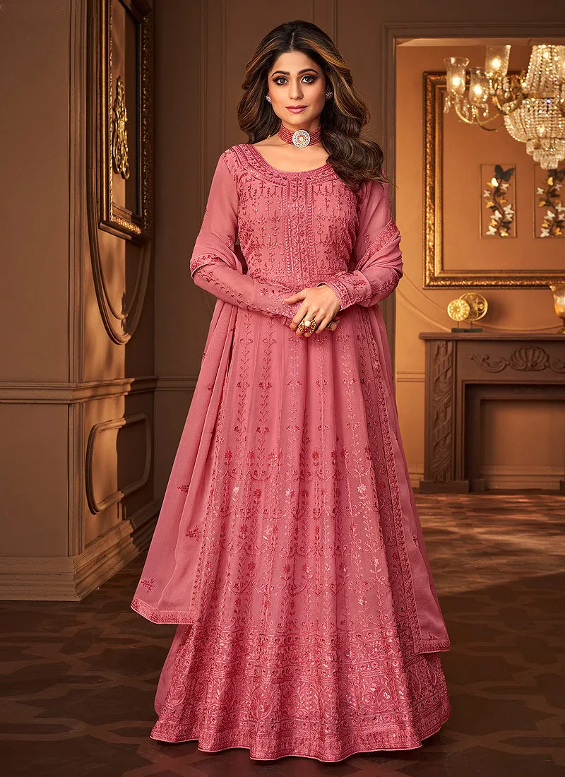 Dusky Pink Lucknowi Embroidered Anarkali Suit