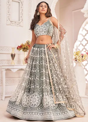 Dusty Green Embroidered Traditional Wedding Lehenga Choli