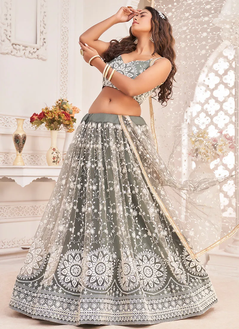 Dusty Green Embroidered Traditional Wedding Lehenga Choli