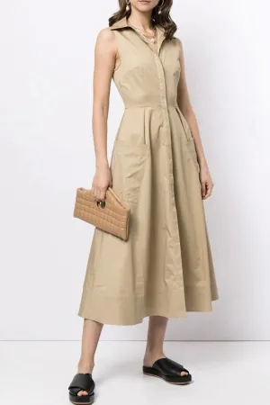 Elegant Sleeveless Cargo Pocket Button Down Skater Midi Dress - Khaki