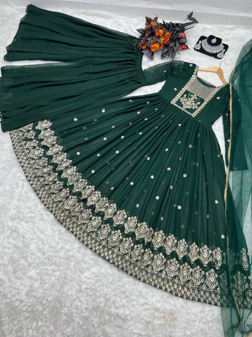 Exclusive Dark Green Color Embroidery Sequence Work Palazzo Suit