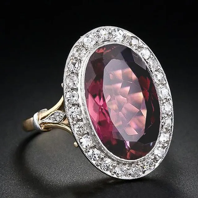 Fashion Jewelry Gorgeous Oval Cut Red Zircon Halo Rings for Women in Gold Color