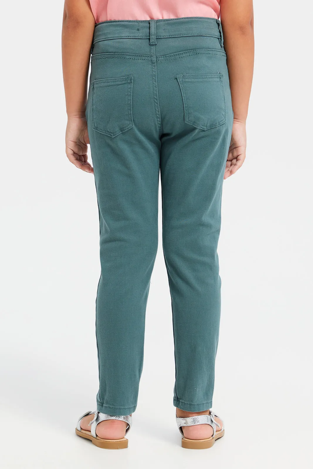 Girls Green Plain Slim Fit Trouser