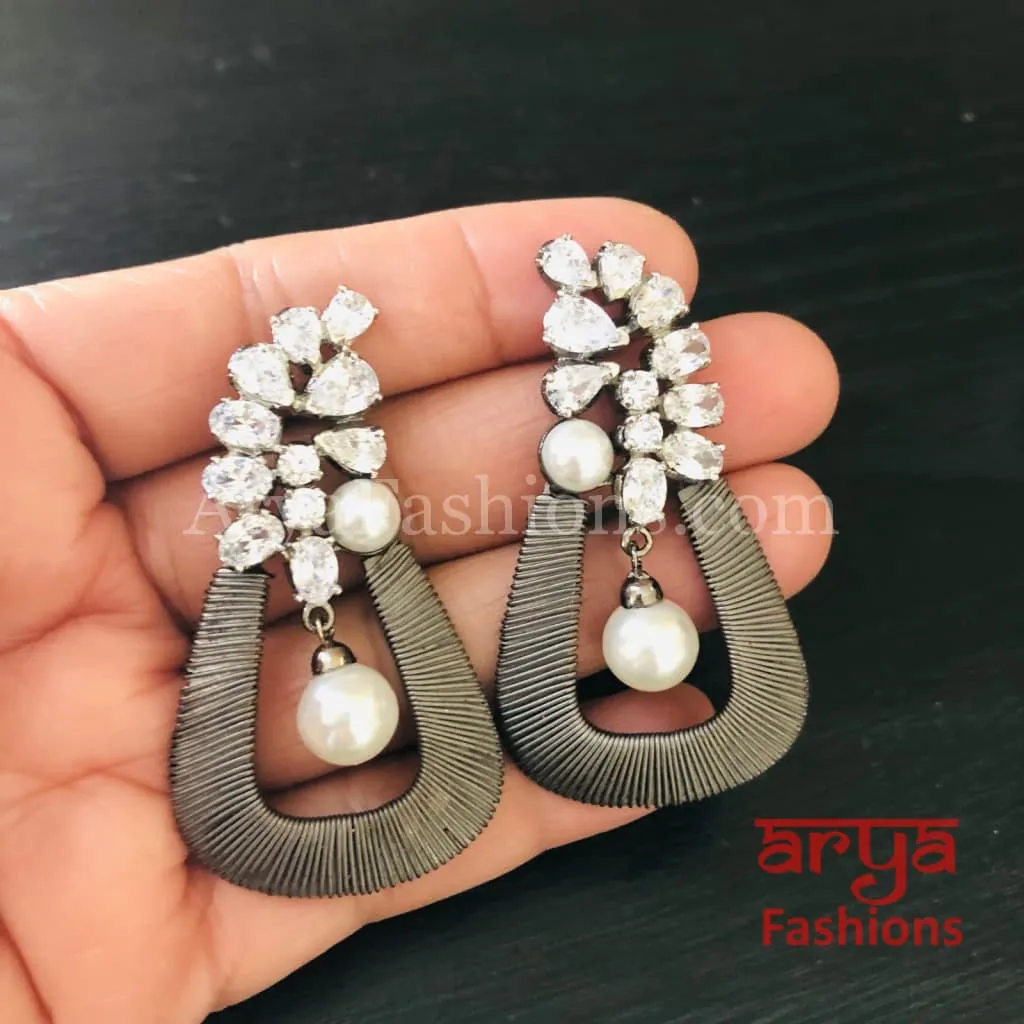 Golden CZ Fusion Earrings/ Gray CZ Pearl Cocktail Earrings