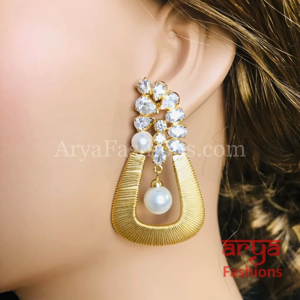 Golden CZ Fusion Earrings/ Gray CZ Pearl Cocktail Earrings