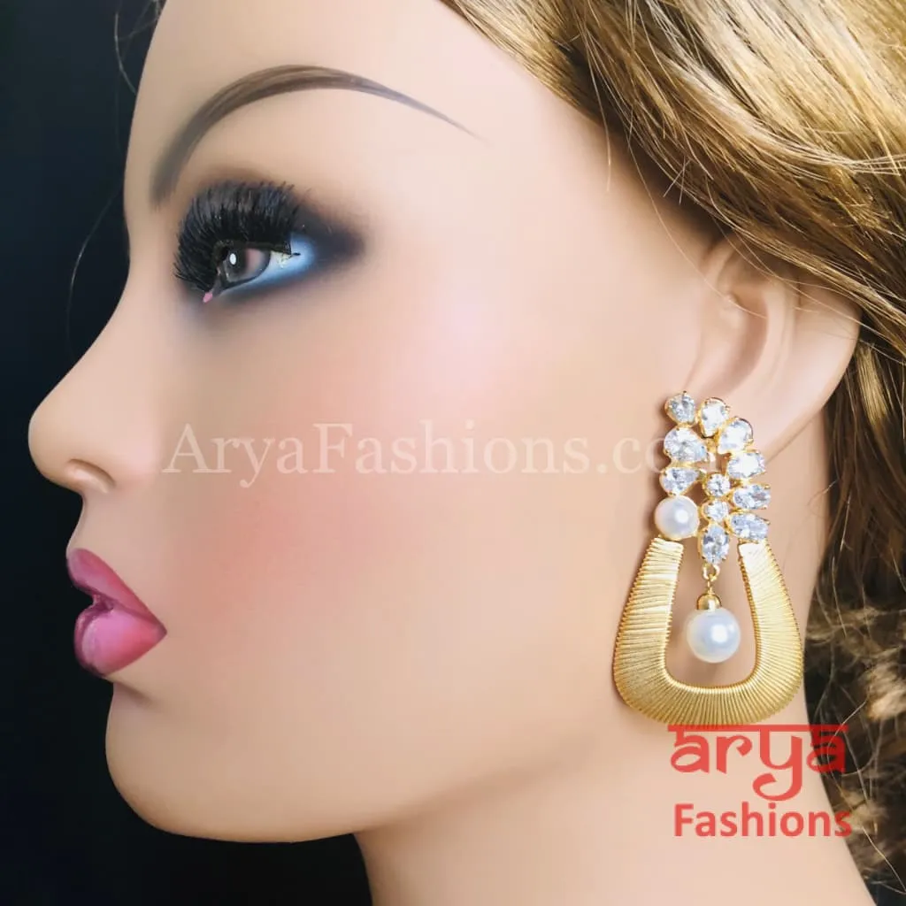 Golden CZ Fusion Earrings/ Gray CZ Pearl Cocktail Earrings