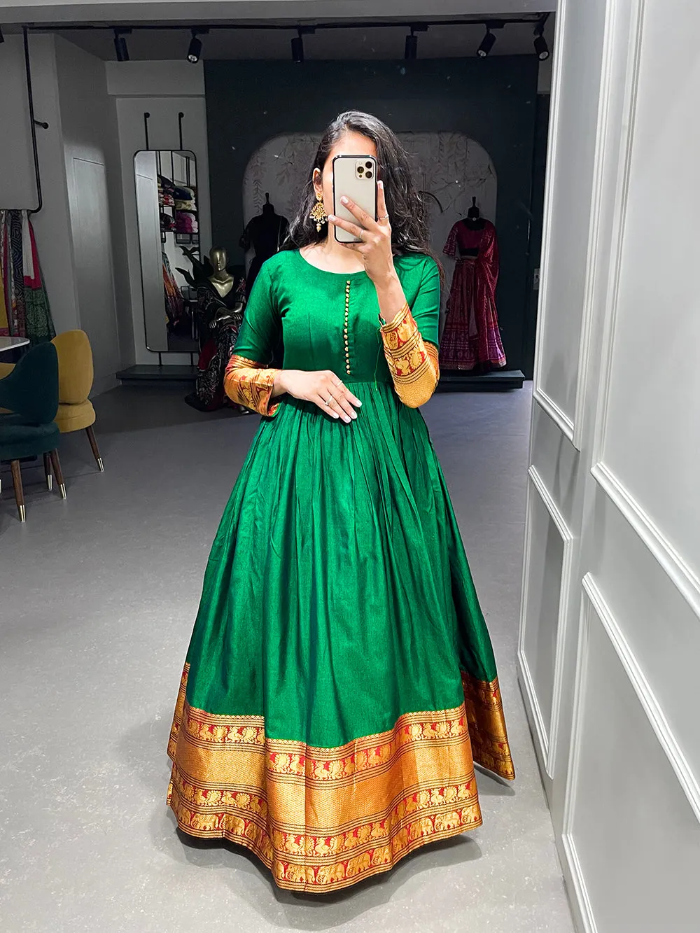 Green Color Zari Weaving Work Narayan Pet Cotton Gown