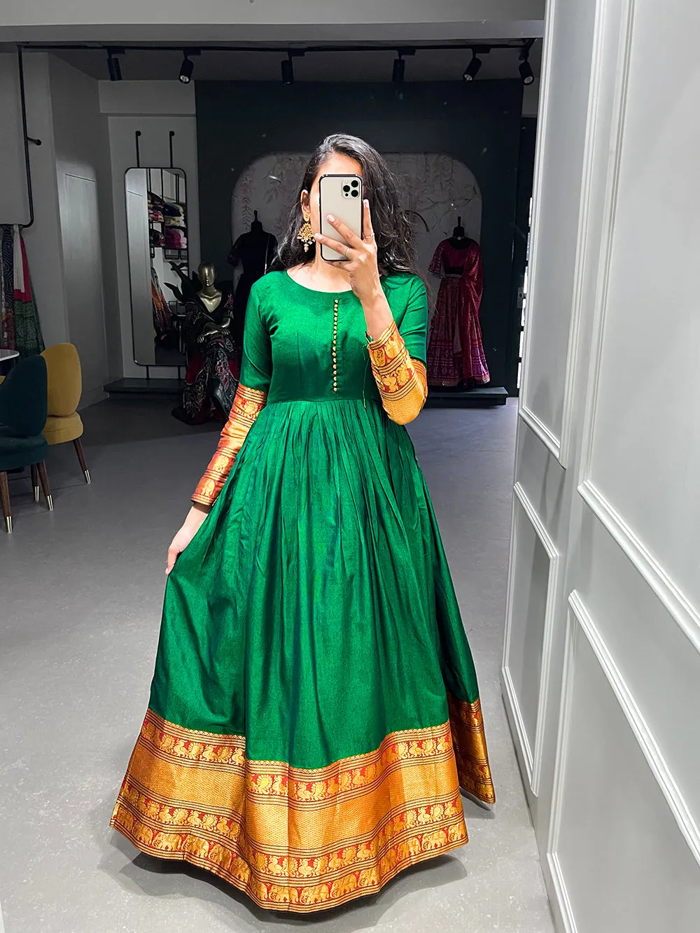 Green Color Zari Weaving Work Narayan Pet Cotton Gown