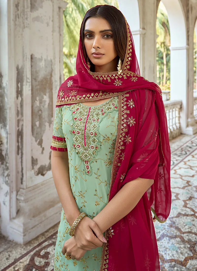 Green Embroidery Traditional Georgette Palazzo Suit