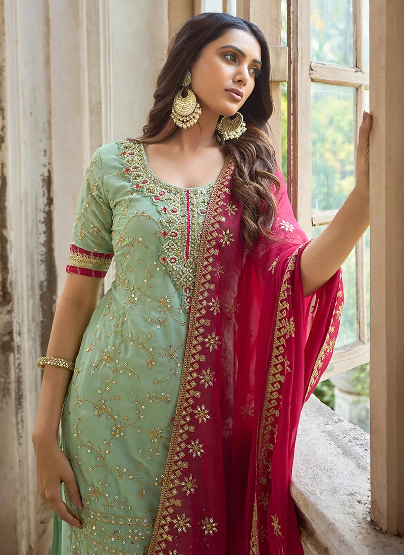 Green Embroidery Traditional Georgette Palazzo Suit