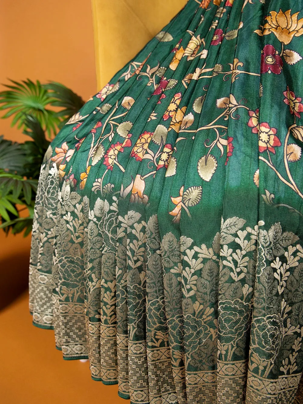 Green Viscose Kalamkari Saree with Zari Weaving & Tassels