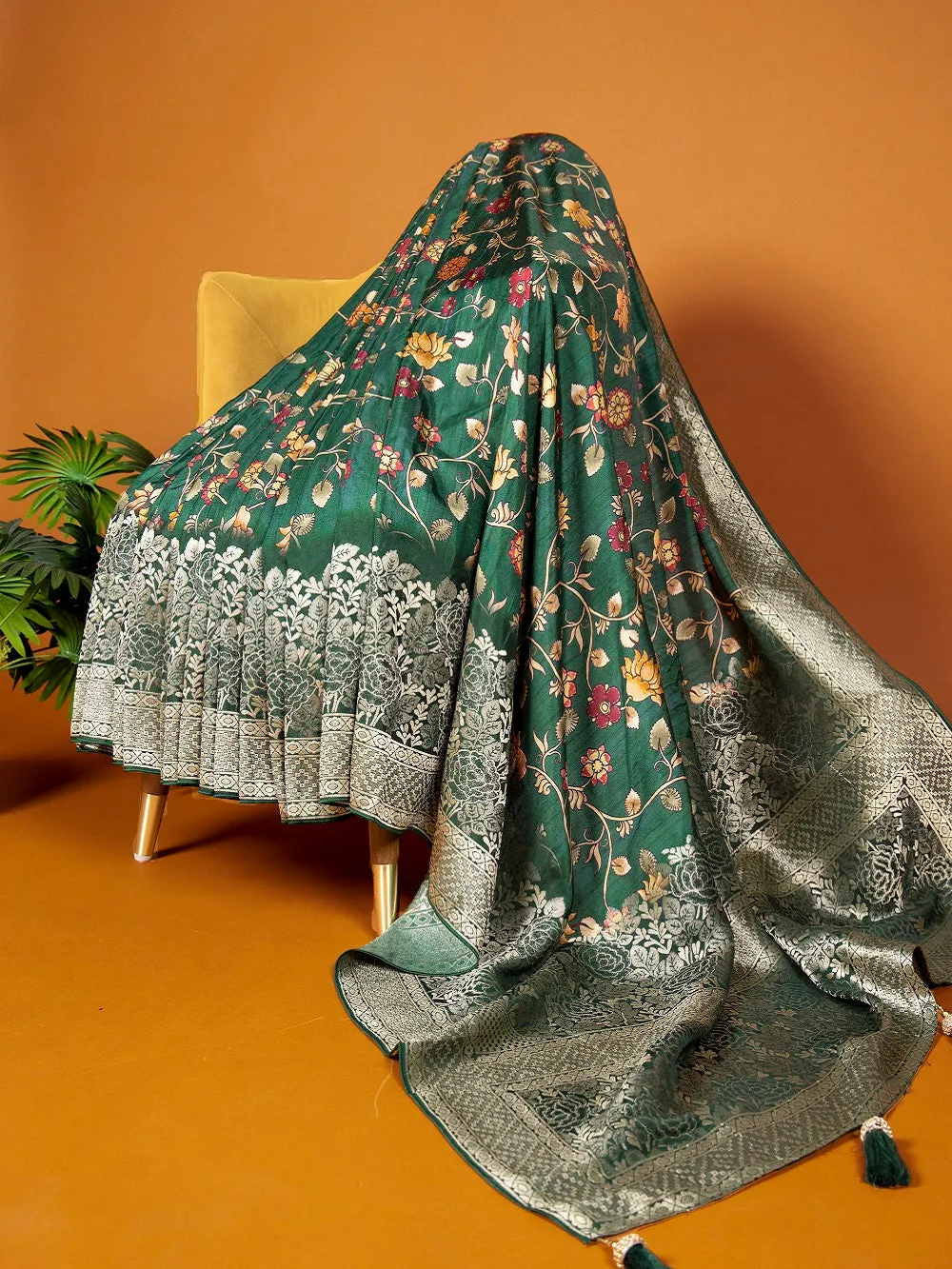 Green Viscose Kalamkari Saree with Zari Weaving & Tassels