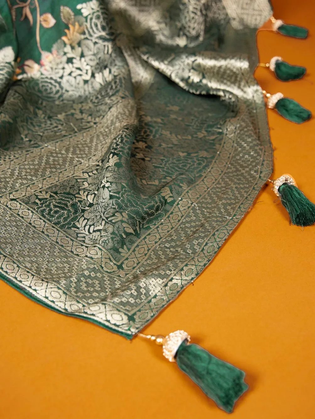 Green Viscose Kalamkari Saree with Zari Weaving & Tassels