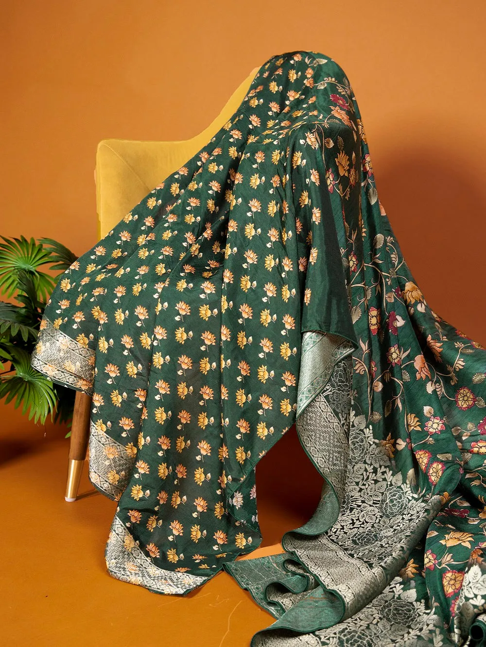 Green Viscose Kalamkari Saree with Zari Weaving & Tassels