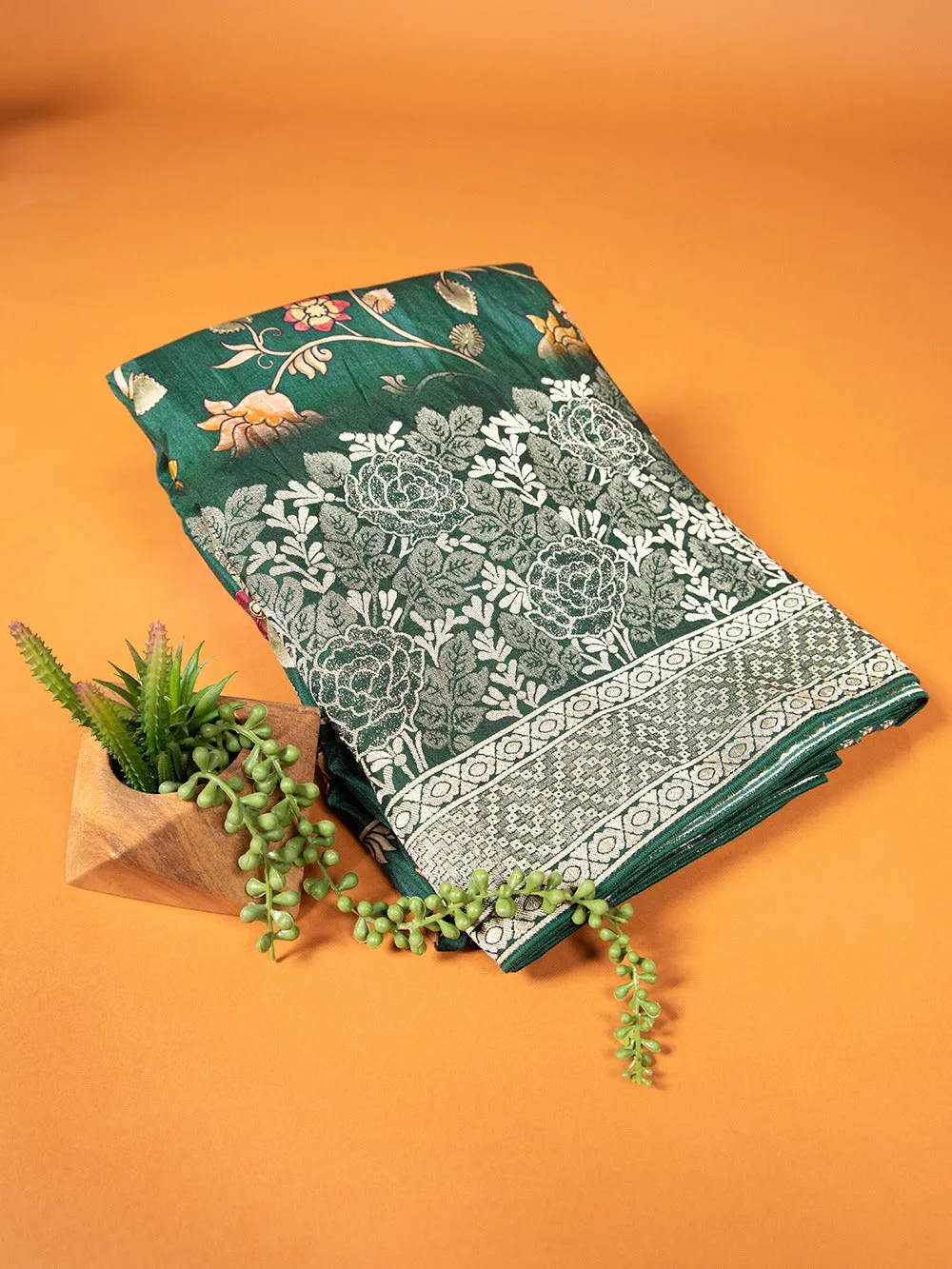 Green Viscose Kalamkari Saree with Zari Weaving & Tassels