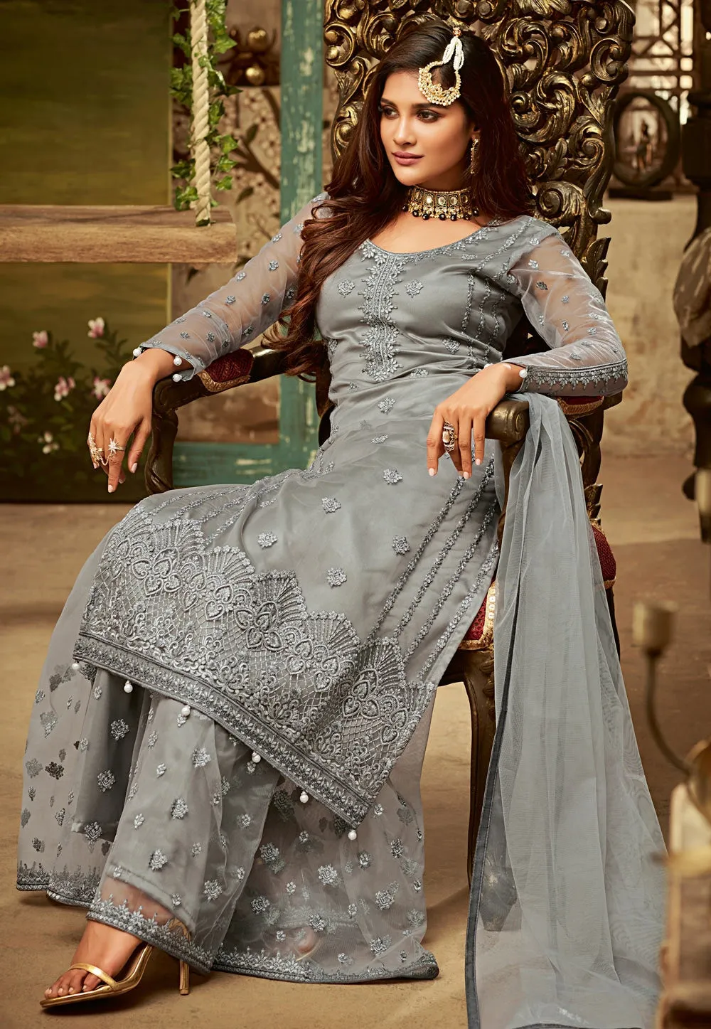 Grey All Over Embroidered Palazzo Suit