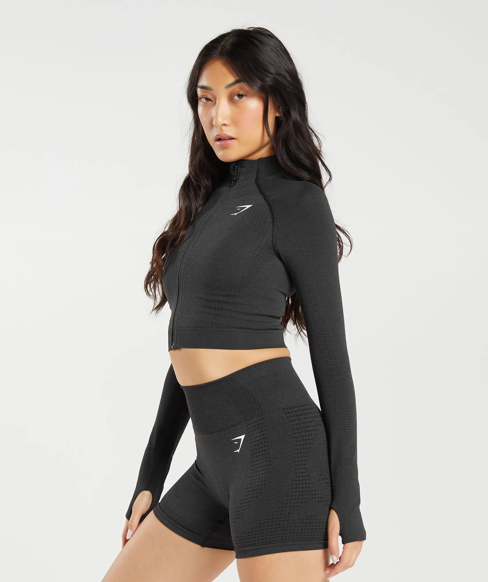 Gymshark Vital Seamless 2.0 Midi Zip Up Jacket - Black Marl