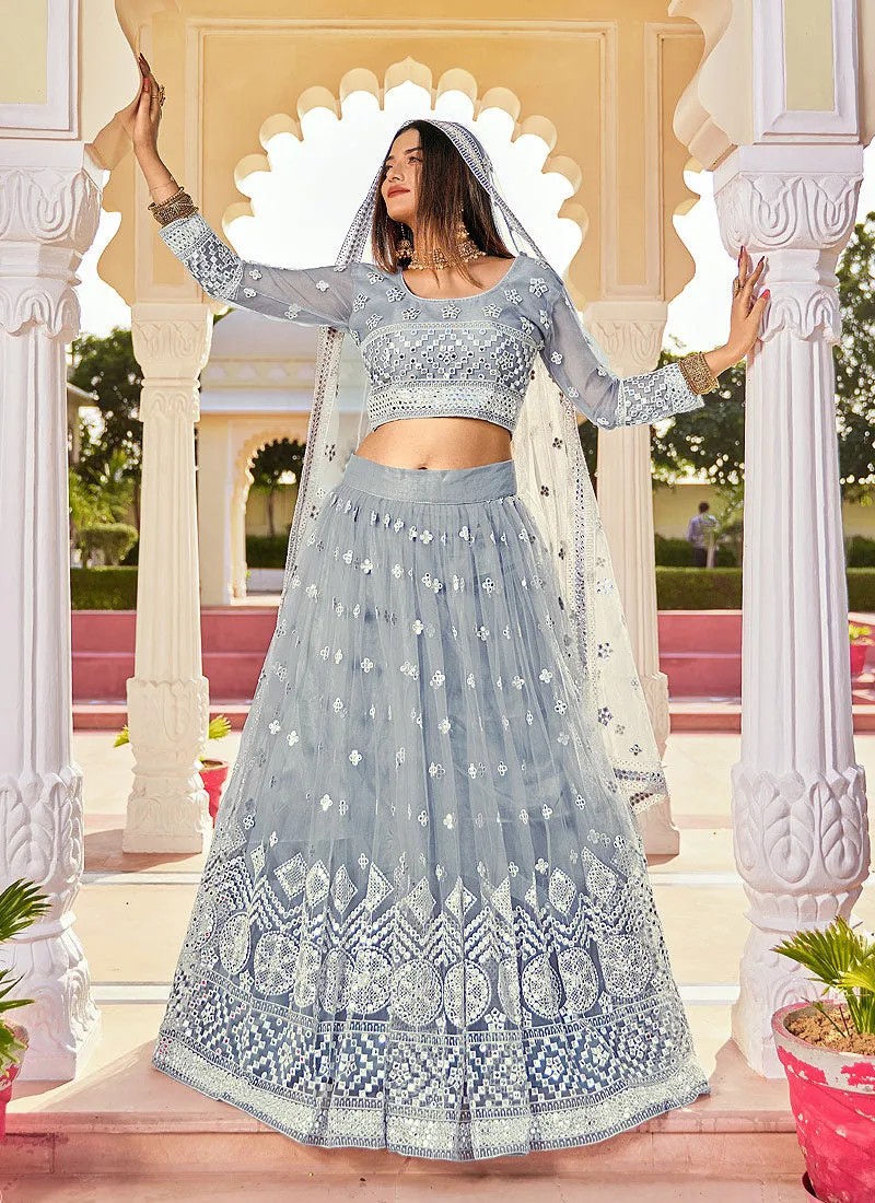 Ice Blue Badla Embroidered Festive Lehenga Choli