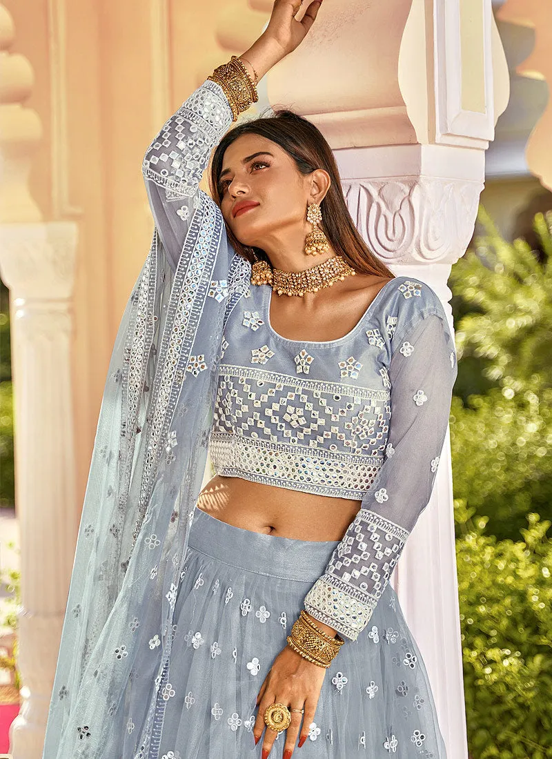 Ice Blue Badla Embroidered Festive Lehenga Choli