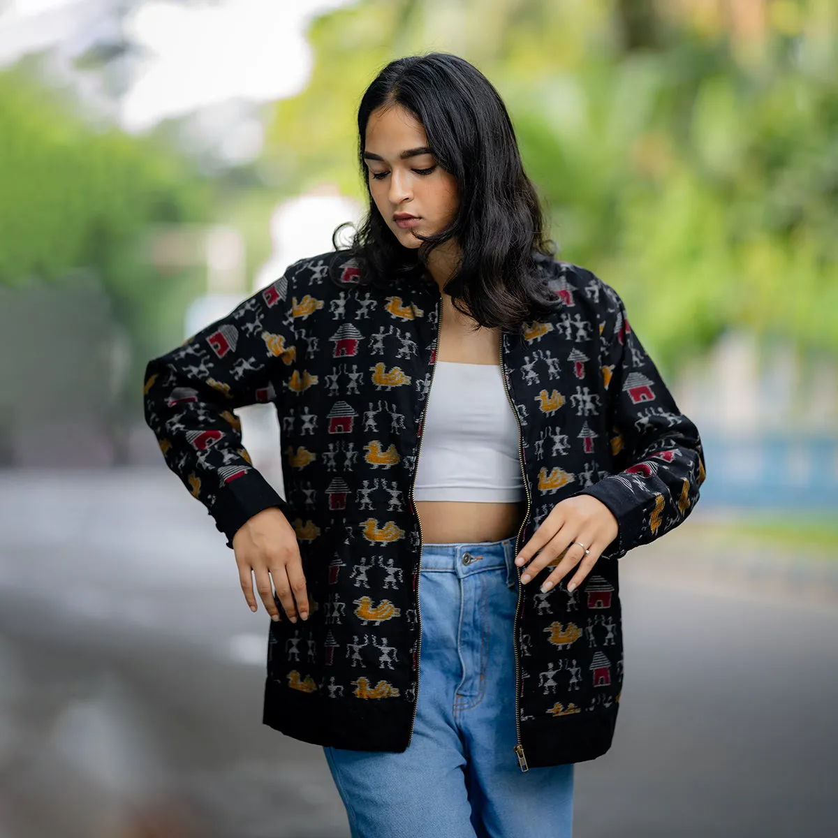 Ikat Cotton Black Bomber Jacket for Women | Mandarin Collar