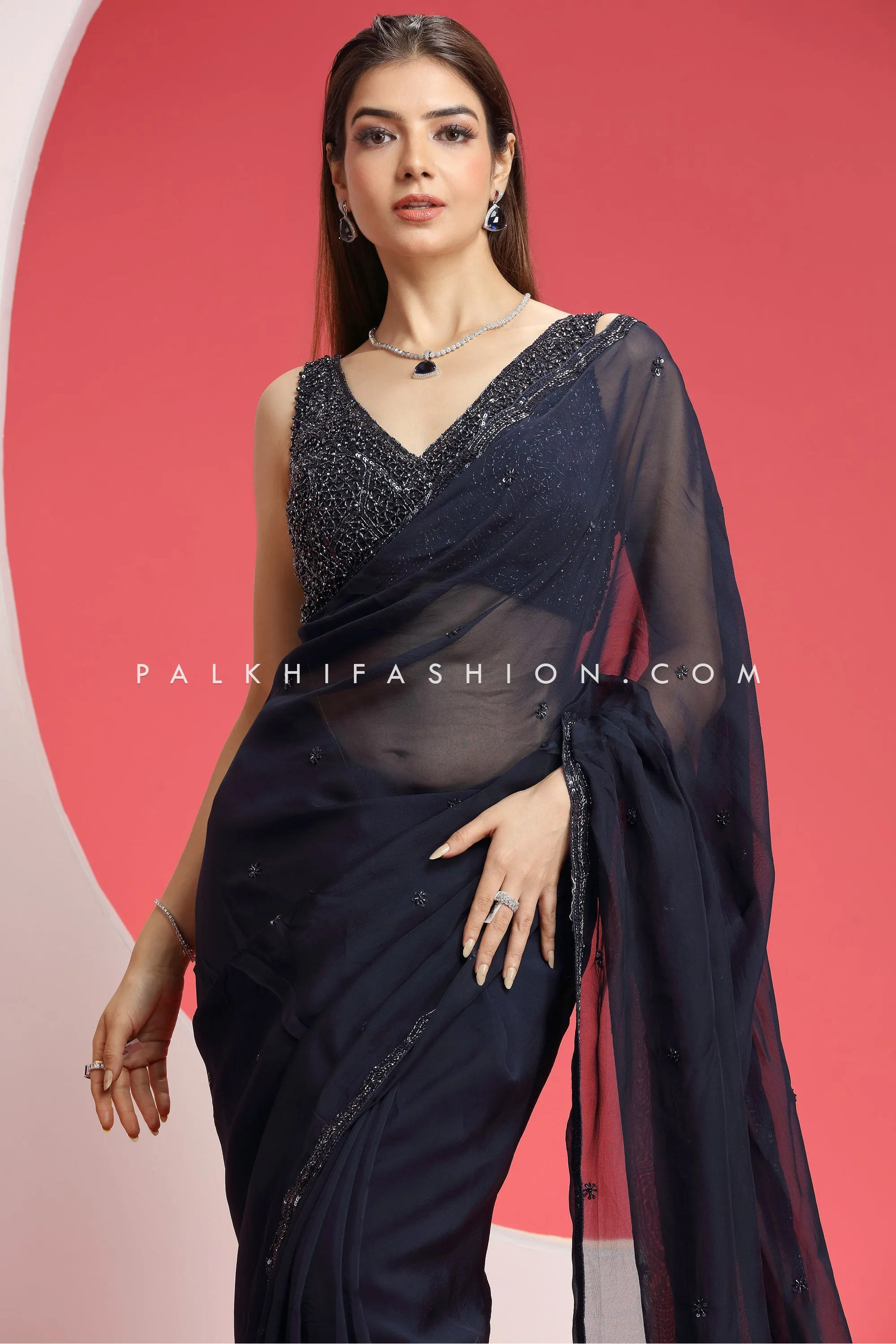 Indian Designer Saree With Handwork In Navy Blue Color