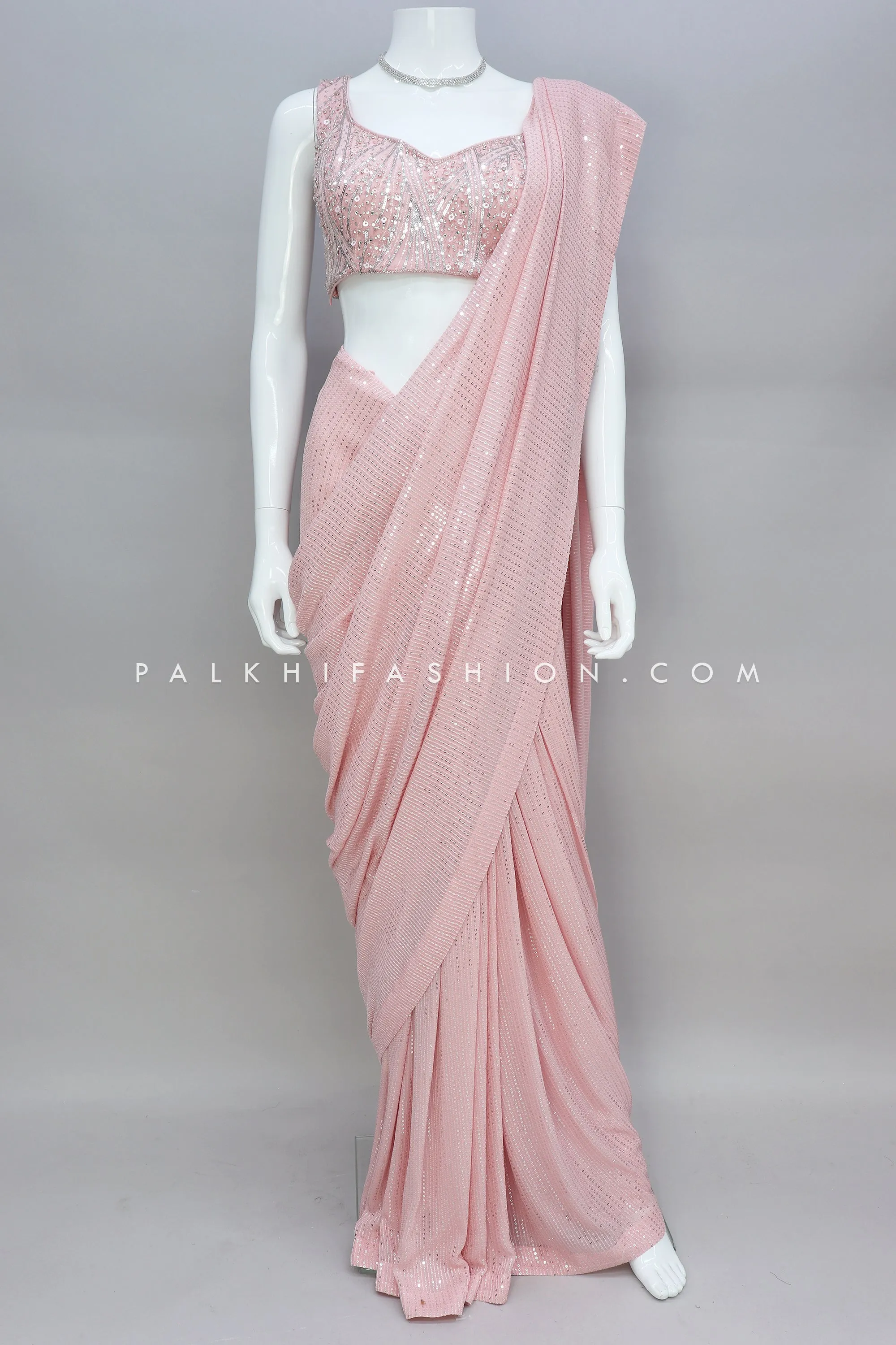 Indian Designer Sequin Saree In Pretty Peach Color