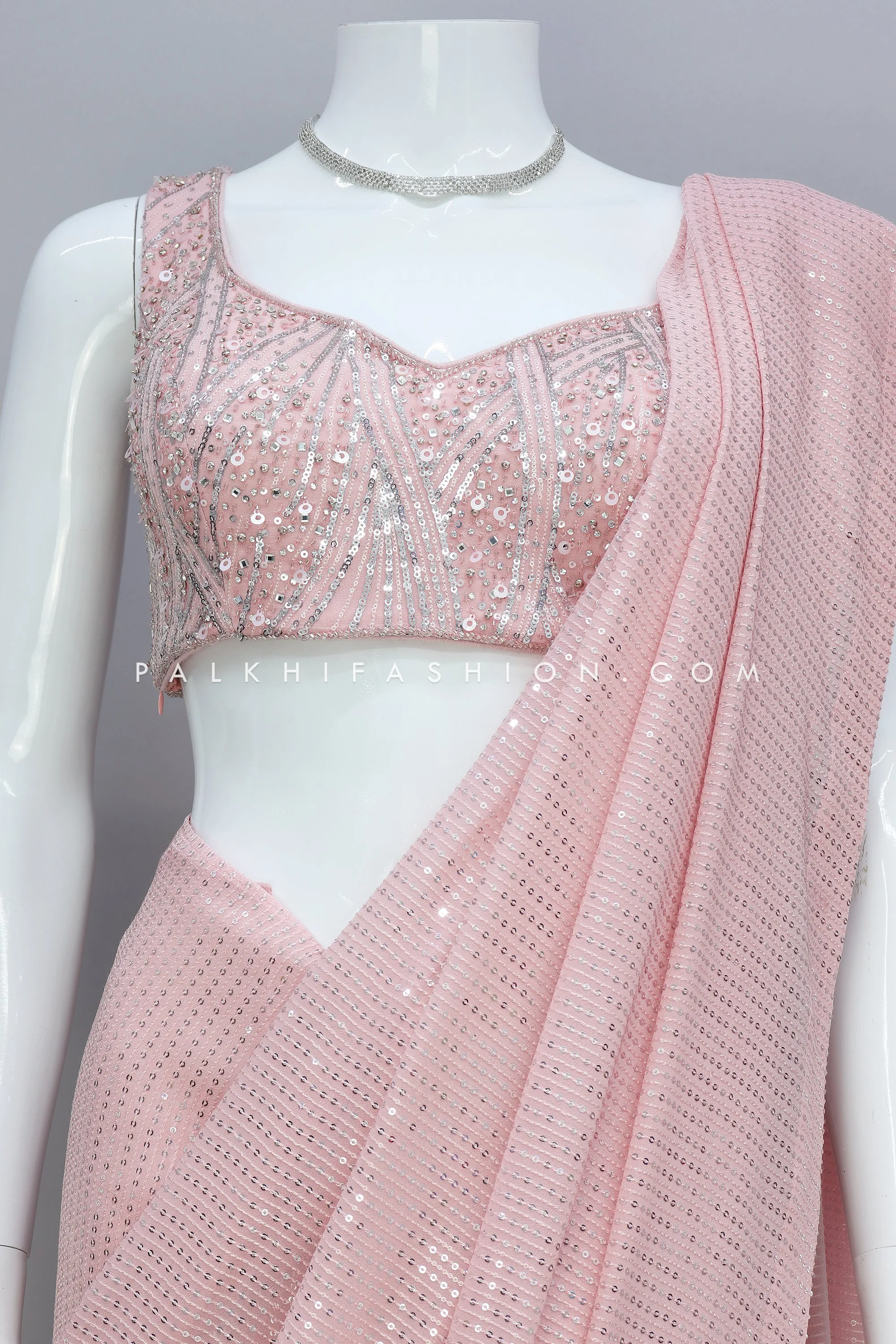 Indian Designer Sequin Saree In Pretty Peach Color