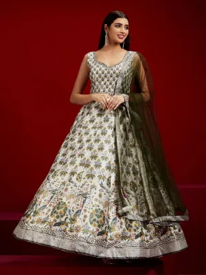 Jashvi Art Off White Printed Silk Gown With Dupatta