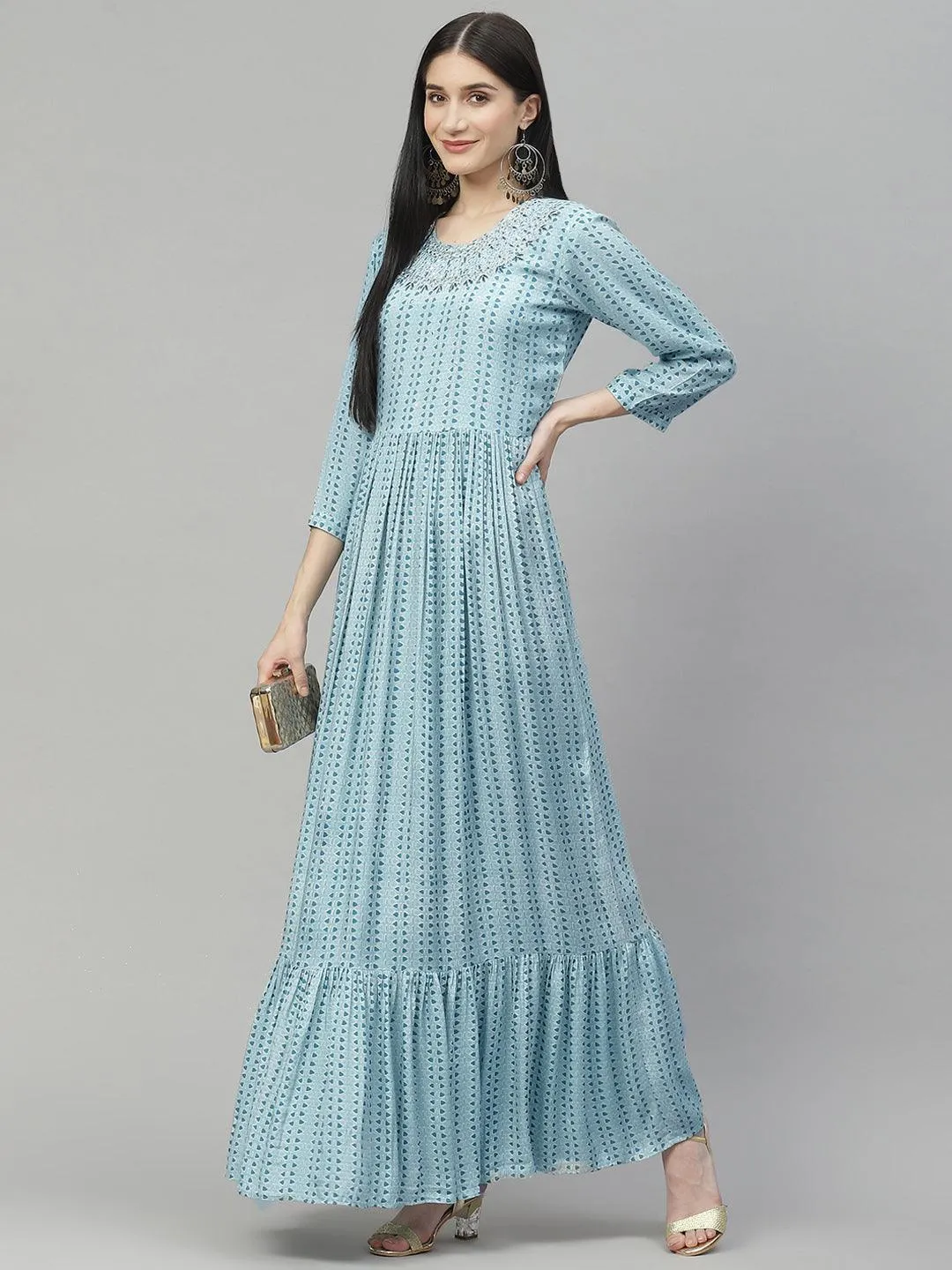 Jashvi Blue Muslin Flared Gown