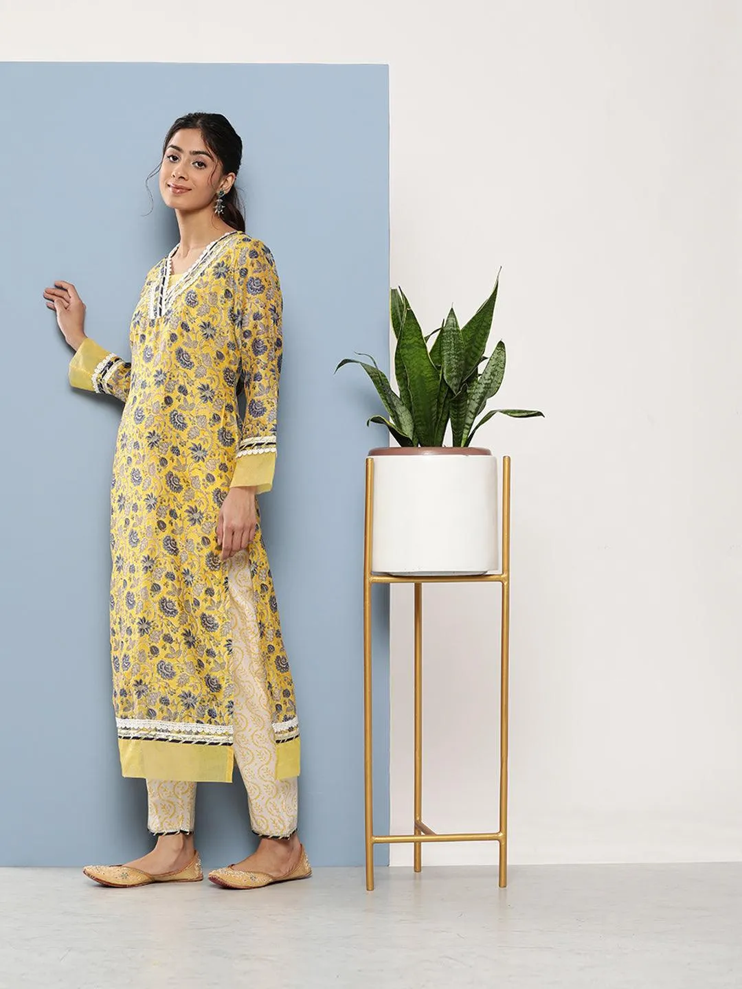 Jashvi Yellow Pure Chanderi Kurta Pant Set with Dupatta